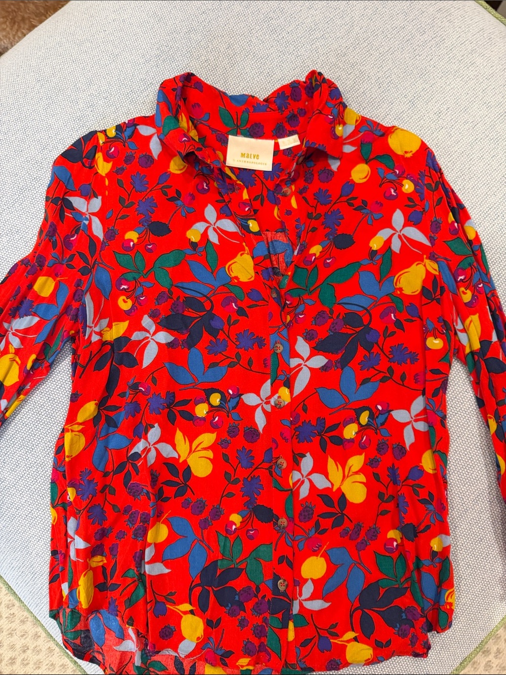 Maeve by Anthropologie  Red Floral and Fruit Print Button-Front Blouse